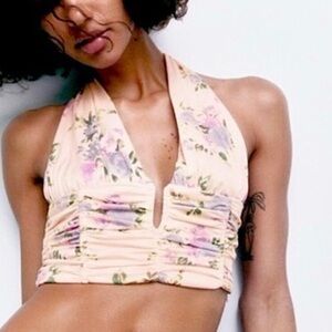 ZARA Floral Print Corset Halter Cropped Top M Medium NEW NWT